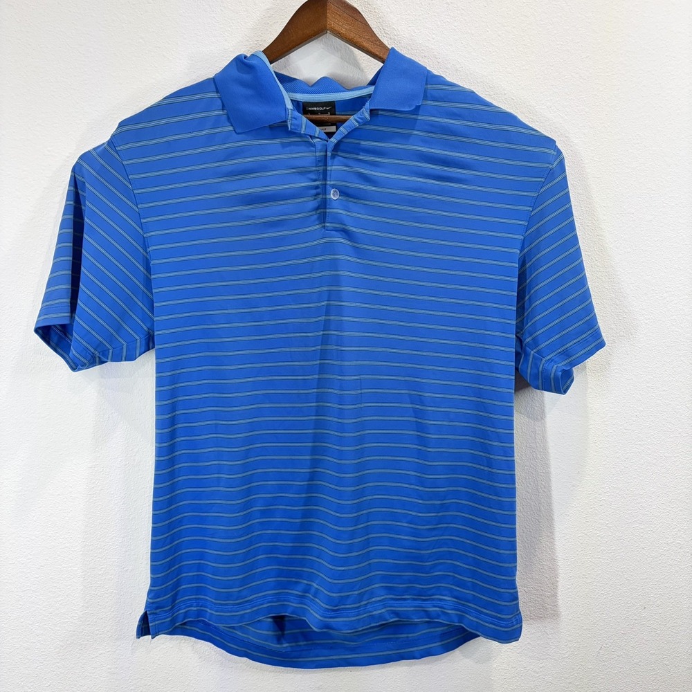 Nike Polo Shirt Mens Large Stripes Blue Golf Fit Dry Short Sleeve